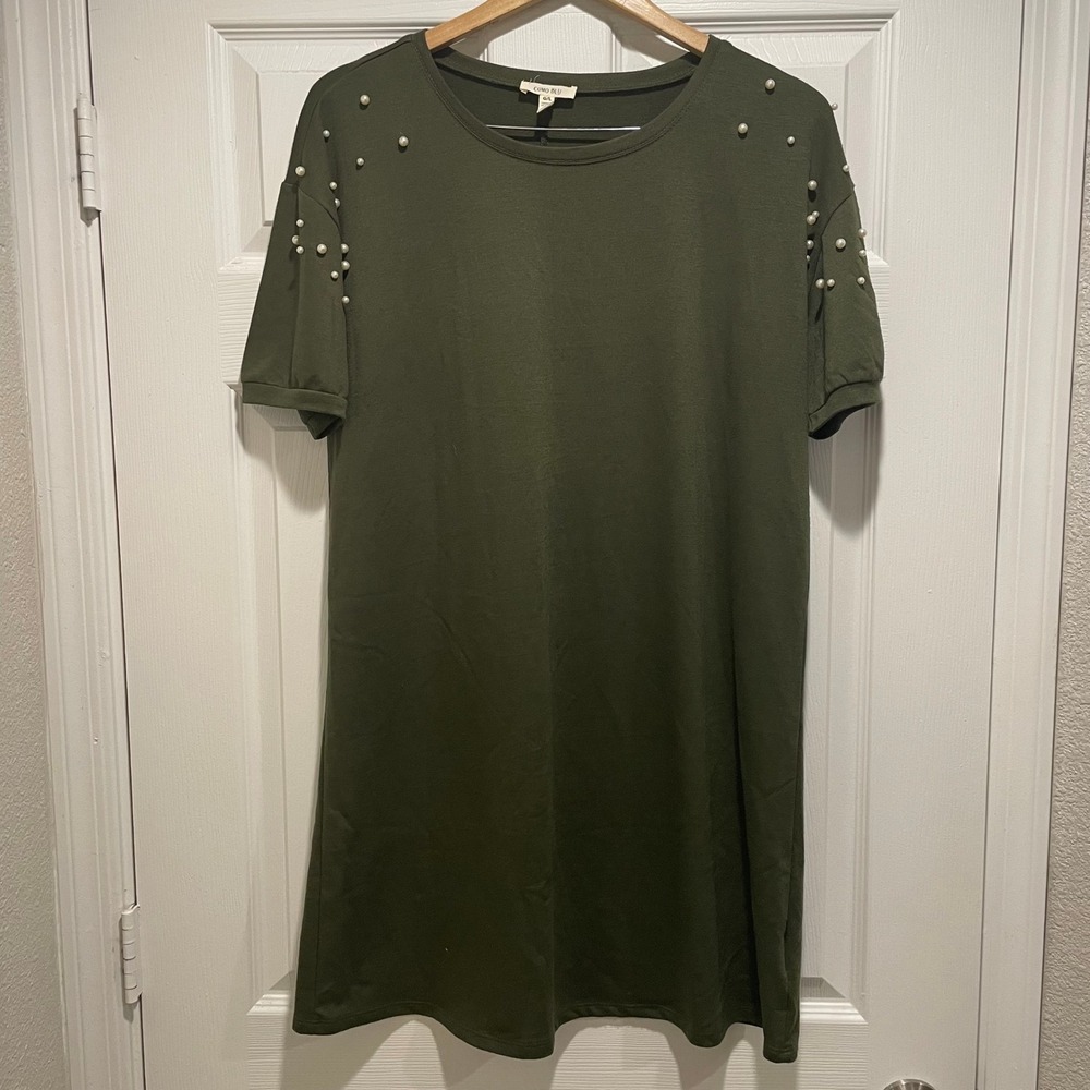 Como Blu Women Dress Size L Olive Green Knit Faux Pearl Shoulder Short Sleeve